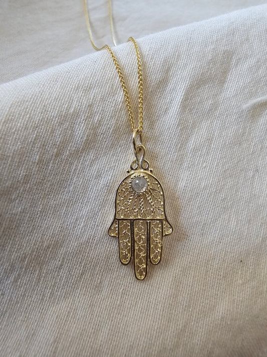 Filigree Hamsa Salt and Pepper Diamond Necklace 14K