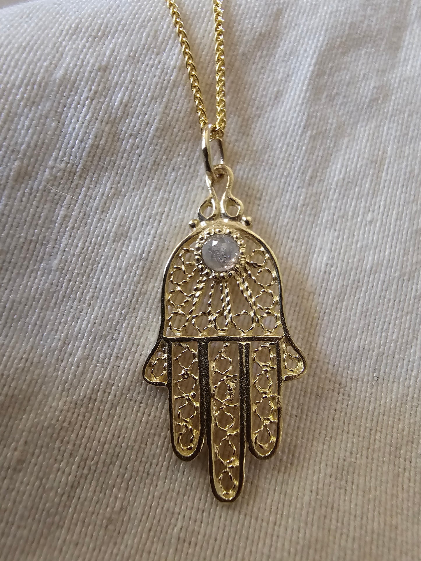 Filigree Hamsa Salt and Pepper Diamond Necklace 14K