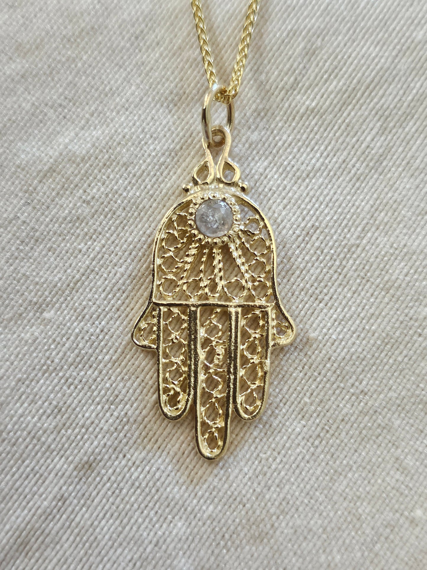 Filigree Hamsa Salt and Pepper Diamond Necklace 14K