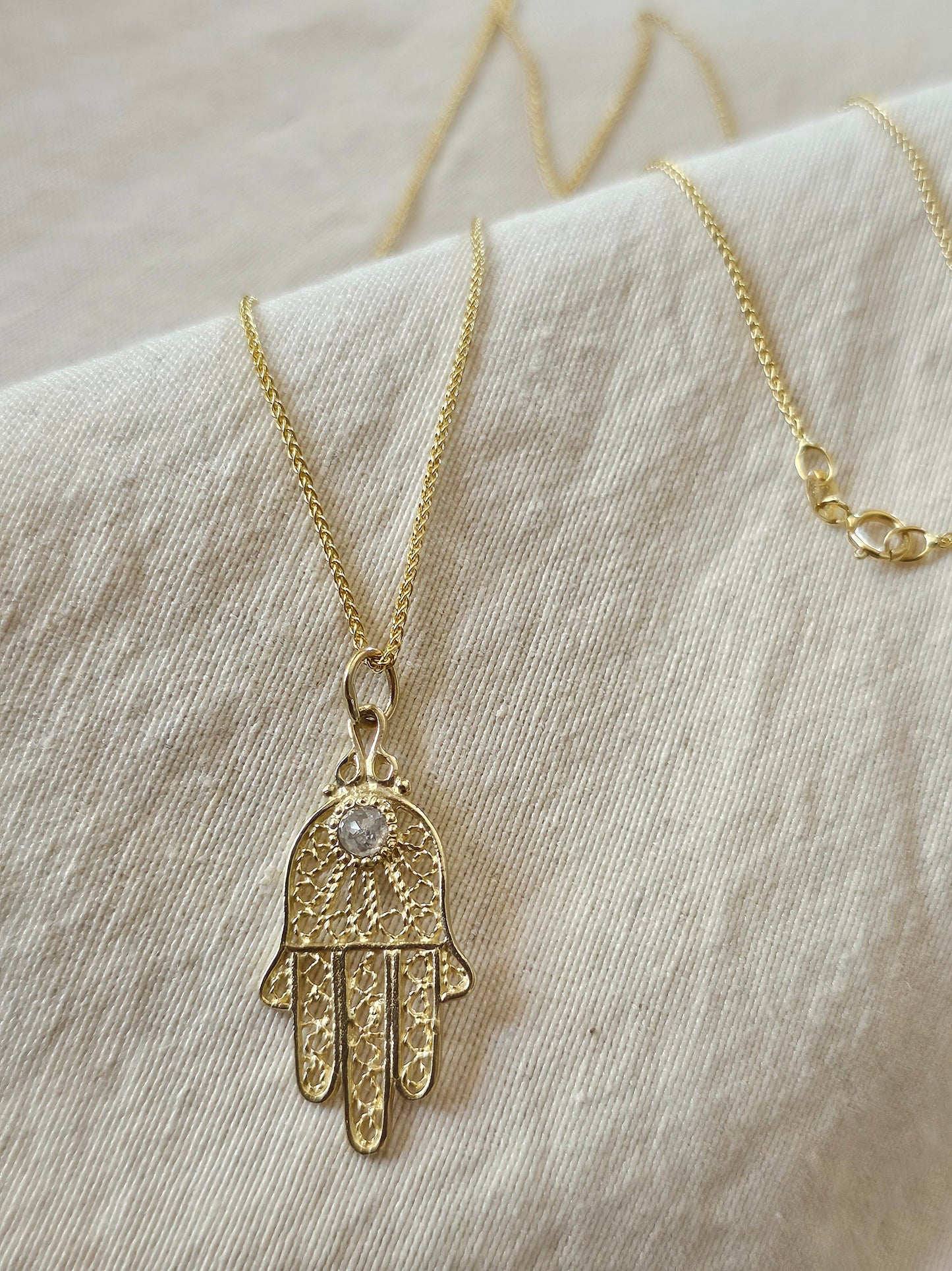 Filigree Hamsa Salt and Pepper Diamond Necklace 14K