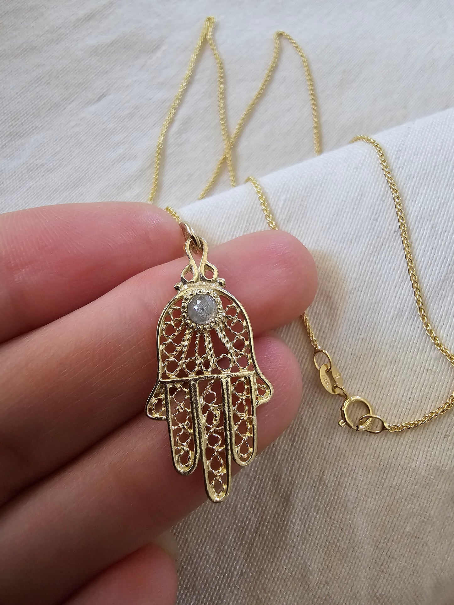 Filigree Hamsa Salt and Pepper Diamond Necklace 14K