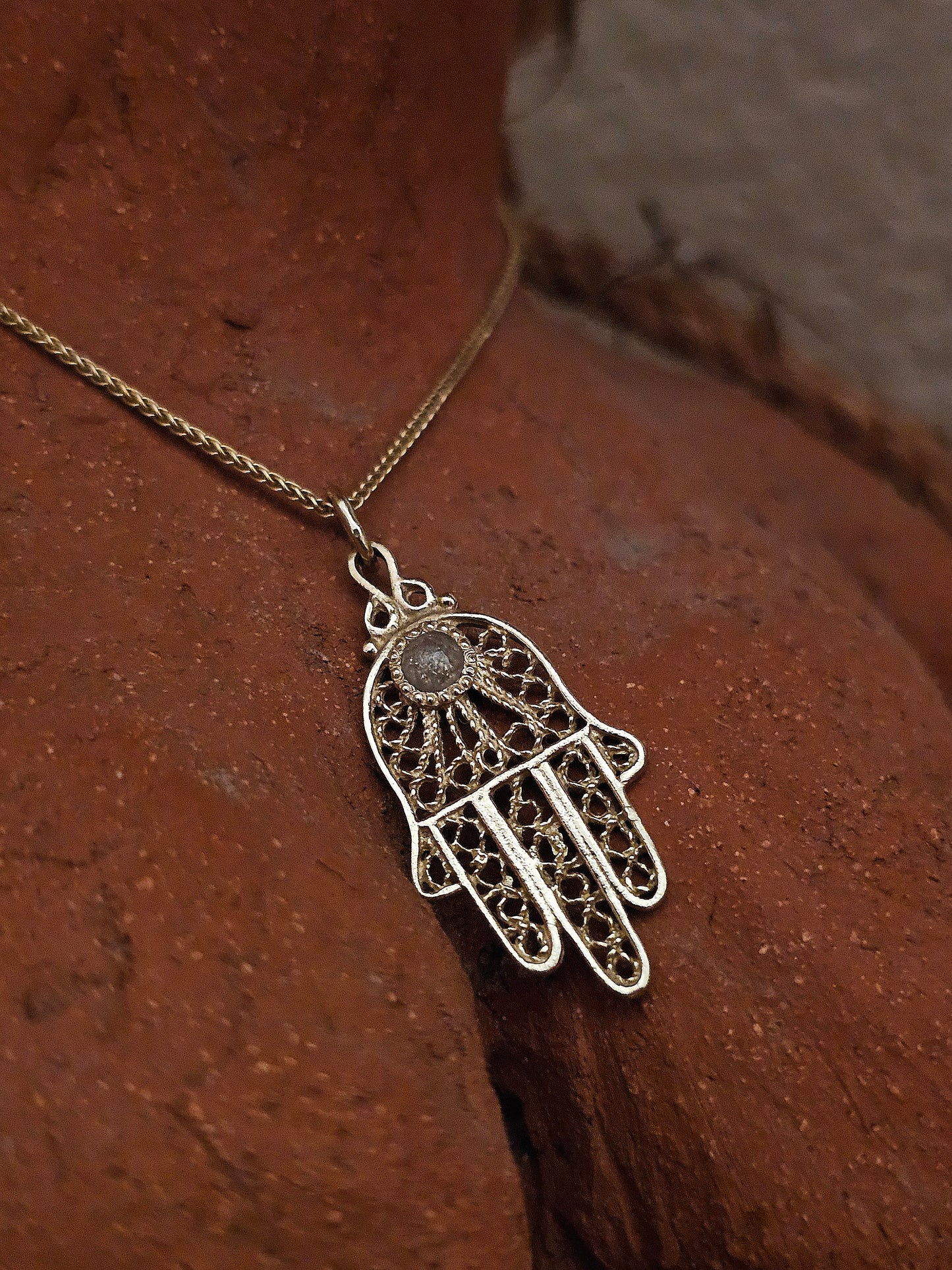 Filigree Hamsa Salt and Pepper Diamond Necklace 14K